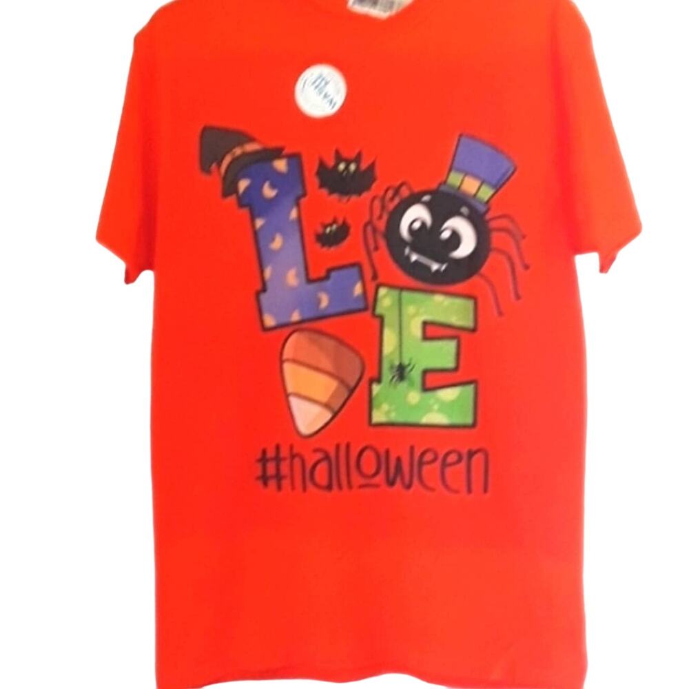 Love Halloween Sz M Orange LOVE Graphic Spider, Bat, Candy Corn, Hat, NWT Tee